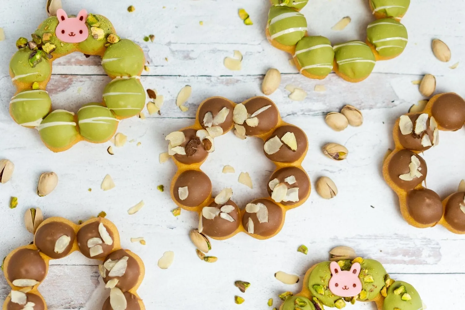 Glazed mochi donuts arranged for a product photograph.