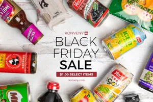 Konveny promotional flyer: Asian snacks, sauces and drinks laid out around a Black Friday sale announcement.